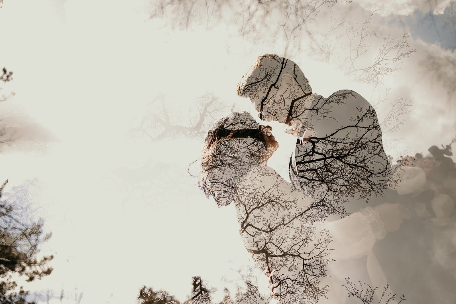 double exposure, couple, trees